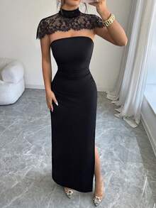 SHEIN Elenzya Fitted Strapless Dress With Lace Stand Collar And Solid Color Cut - Black - View 5