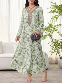 Al Najma 女款白色鉤編拼接長袖洋裝，正式洗禮賓客穿著，冬季端莊休閒風 - 綠色 - 查看 6