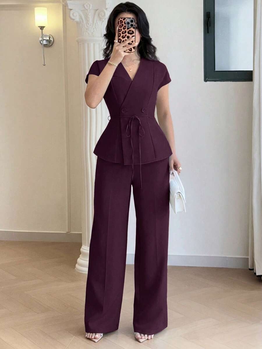 Feyla New Korean Style Cap Sleeve Slimming Cinched Waist Elegant Commuter Office Versatile Daily Set Dark Purple Summer
