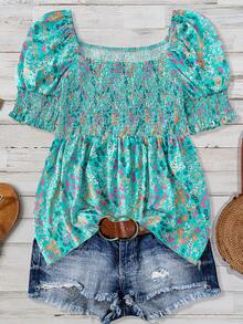 Linhara Square Neck Puff Sleeve Vintage Ditsy Floral Cinched Waist Plus Size Shirt - Green - View 5