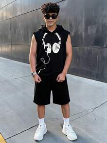SHEIN 青少年男孩寬鬆字母圖案連帽衫與短褲2件套 夏日穿搭 Y2K 度假風 SS26 街頭風 酒紅色 假日復古波希米亞 節慶草地派對 可愛 生日 男孩端莊休閒 - 黑色 - 查看 7