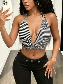 BamGleam Striped Spaghetti Strap Camisole Tank Top, Twisted Knot Design Cropped Top - Black and White - View 1