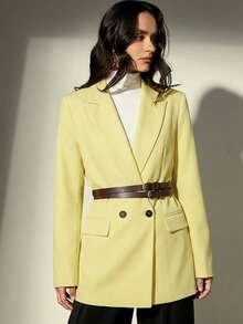 Aveloria Modichic Áo khoác blazer nữ tay dài dáng rộng cổ ve lật, có hai dây thắt lưng. - Màu vàng - Xem 3