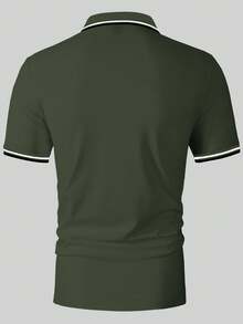 Calvornis 男士夏季休閒拼色飾邊短袖 Polo 衫，儀式場合適用 - 軍綠色 - 查看 2