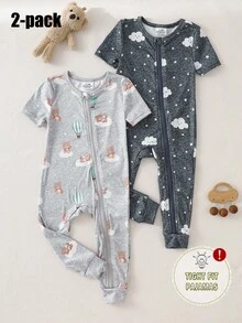 2件套男婴卡通云朵熊印花紧身短袖上衣和裤子套装，休闲舒适柔软弹力拉链睡衣，夏季 - 灰色 - 查看 3