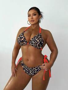 Slaydiva Classic Leopard Print Plus Size Women's Sexy Halter Neck Bikini Set For Beach Vacation - Multicolor - View 1
