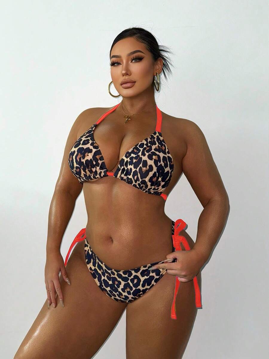 Slaydiva Classic Leopard Print Plus Size Women's Sexy Halter Neck Bikini Set For Beach Vacation - Multicolor - View 1