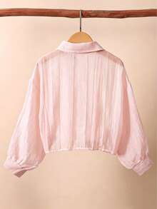 SHEIN 女童白色領口落肩七分袖襯衫 學院風 百搭 校園休閒 春夏款 - 粉色 - 查看 2