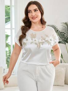 Reflora Plus Size Elegant Floral Embroidered Shirt, Summer - White - View 7