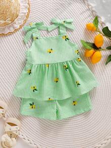 SHEIN Playful Pals 2件組女嬰幼兒/新生兒0-3歲春夏季休閒日常可愛度假條紋蝴蝶結裝飾可愛黃色檸檬印花吊帶上衣+短褲套裝 - 綠色 - 查看 3