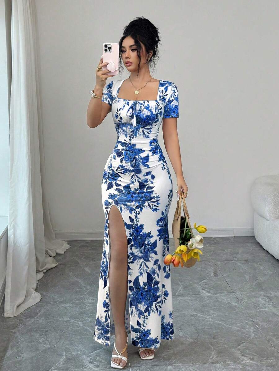 Rafferiza 女士夏季短袖连衣裙,数码印花度假连衣裙,沙滩度假连衣裙,开衩下摆,腰部褶皱长裙 - 藍色 - 查看 1