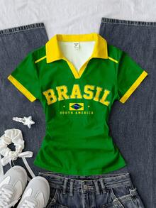 限時優惠：買一送一，復古時尚綠色字母BRAZIL、鮮豔陽光黃、金色星芒、黃金海岸、對比領條紋運動風，青少年女孩皇家藍白色領針織休閒對比色拼接修身腰部T恤上衣2件組 - 彩色 - 查看 4