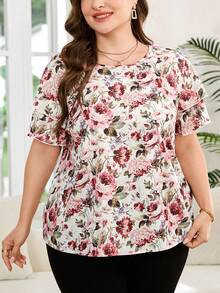 SHEIN Clasi 优雅大码圆领双层袖几何波点印花宽松衬衫 - 彩色 - 查看 1