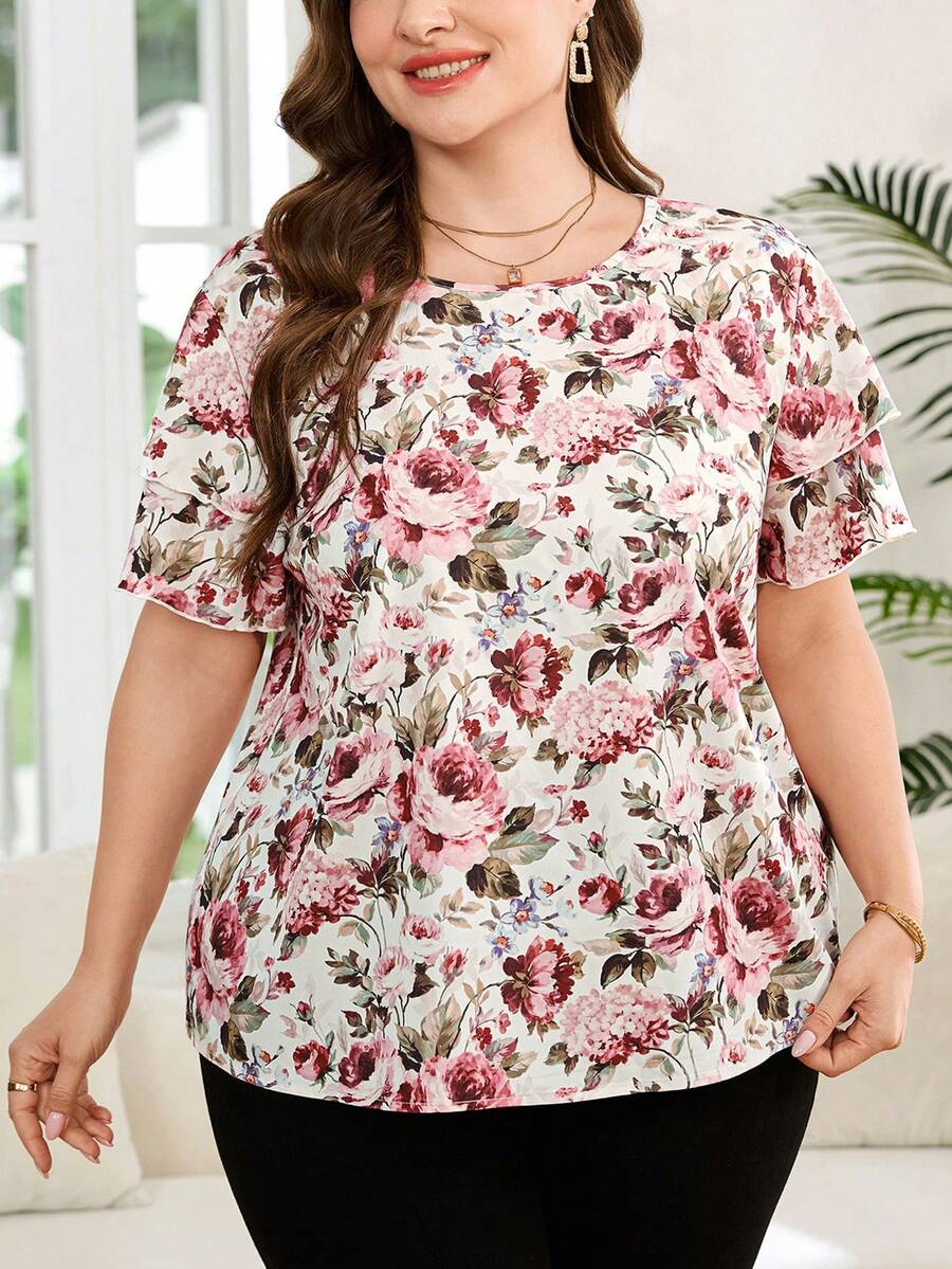 SHEIN Clasi 优雅大码圆领双层袖几何波点印花宽松衬衫 - 彩色 - 查看 1