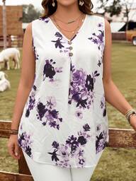 EMERY ROSE Chemise décontractée sans manches à col V avec imprimé floral pour femmes grande taille