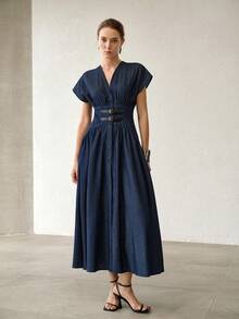 MOTF PREMIUM WOMEN'S BUCKLE DETAIL WAIST-CINCHING DENIM DRESS - Navy Blue - View 2