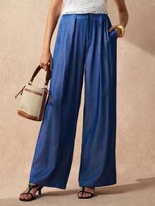 SHEIN Uhlyne Women's Solid Color Fashion Versatile Pocket Button Casual Elegant Long Pants Office Blue Autumn - Blue - View 7