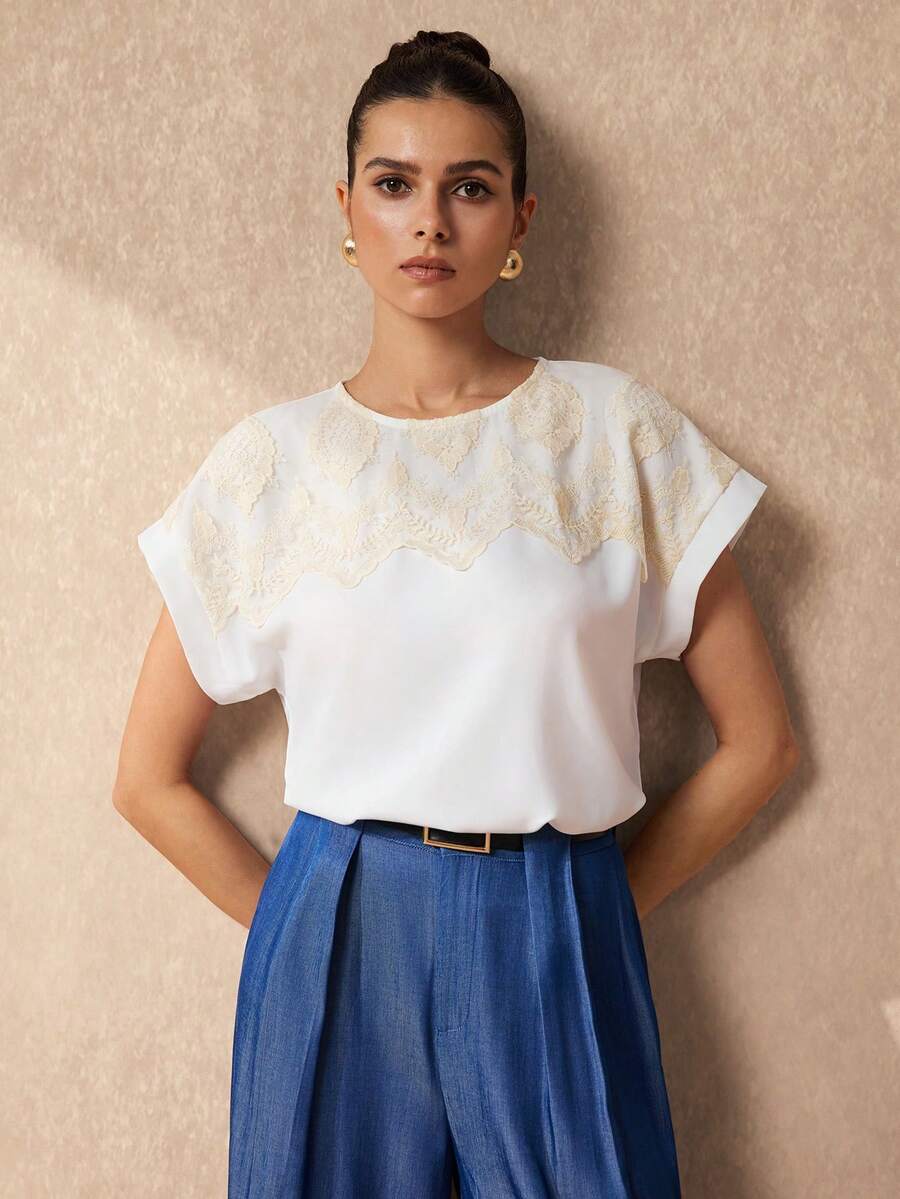 SHEIN Uhlyne Women's Contrast Lace Round Neck Batwing Sleeve Casual Elegant Blouse Office White Summer - White - View 1