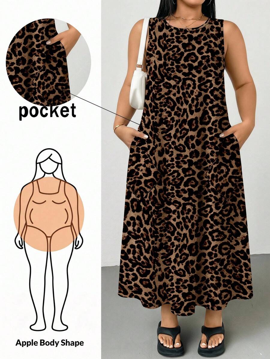 SHEIN Essnce Vacation Casual Retro Leopard Print Plus Size Women's Dress Suitable For Summer Sleeveless Dress - Multicolor - View 1