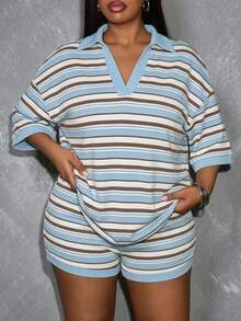 Slaydiva Plus Size Summer Casual Curve Smart Casual Striped T-Shirt And Shorts 2 Pieces Set Loungewear Light Blue - Multicolor - View 4