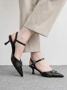 CUCCOO BIZCHIC Elegant Black Slingback Pumps For Women With Pointed Toe Buckle Accent And Kitten Heel - Black - View 5