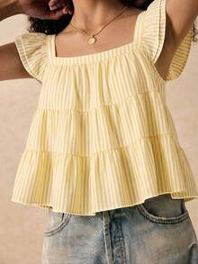 SHEIN Frenchy Casual Minimalist Yellow Striped Print Women Shirt, Suitable For Summer - Multicolor - View 4