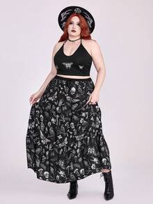 ROMWE Fairycore Outdoor Vacay Summer Outfits Plus Size Women 2 Pieces Set With Dark Gothic Raven, Dead Tree, Skull, Butterfly, Moth, Mushroom All-Over Print - Black - View 6