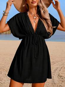 Swim Lushoire Women's Spring/Summer Beach Vacation Dress, Bamboo Fabric Patchwork Lace, V-Neck, Cinched Waist, Backless Tie, Short Sleeve A-Line Cover-Up - Black - View 1