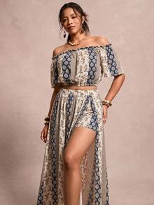 SHEIN VCAY 大尺碼女款花卉印花露肩短版上衣與裙子兩件套 - 彩色 - 查看 7