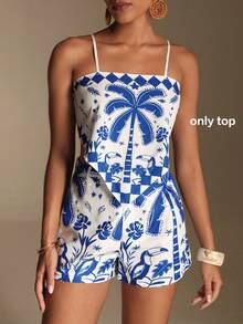 Swim Oasis Women's Elegant Tropical Shell Print Blue And White Boho Cropped Top Shorts Outfit Sets,Summer Casual Tropical Holiday Vacation Beach Resort Wear - Blue - View 5