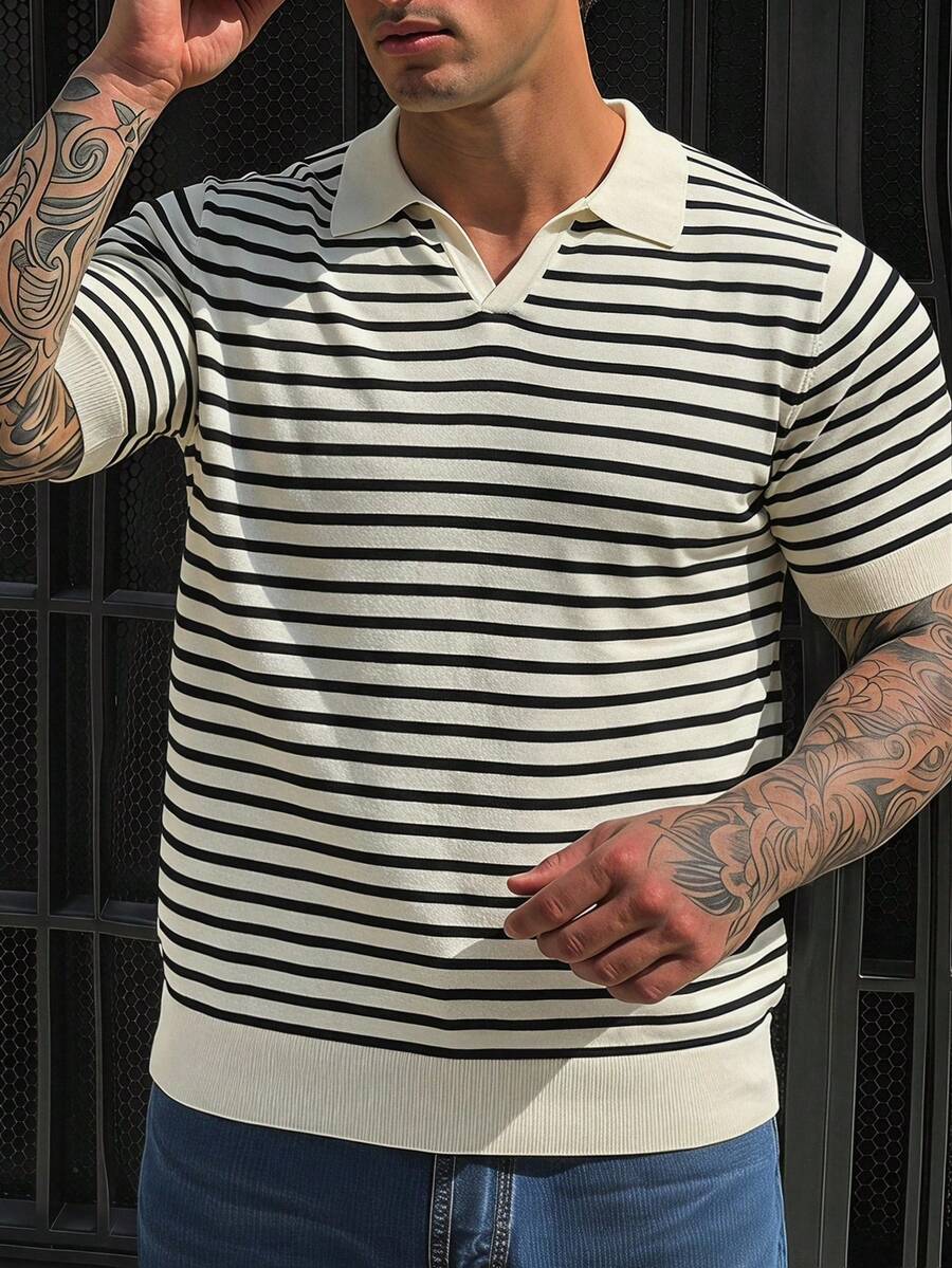 DAZY Summer Short Sleeve Striped Black And White Men's Plus Size Knit Top - Multicolor - View 1