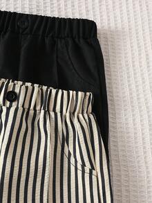 SHEIN 幼童男童休閒簡約純色梭織涼感絲棉摺疊印花鈕扣鬆緊腰長褲，適合戶外、春夏秋季 - 彩色 - 查看 3