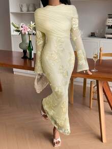 SHEIN Frenchy 女士纯色刺绣优雅修身长袖连衣裙 - 杏色 - 查看 7