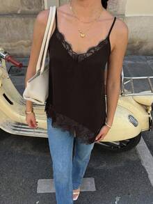 Elegant Women's Summer Camisole In Solid Color With Lace Patchwork And Side Slit - Army Green - View 8