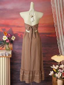 Livesso Women's Vacation Casual Boho Brown Stripe Backless Halter Neck Swim Dress Summer Beach - Brown - View 3