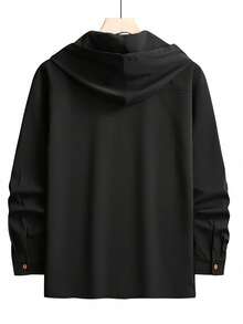 Manfinity Homme Men's Solid Color Hooded Plain Shacket, For Friends, Fall - Black - View 2