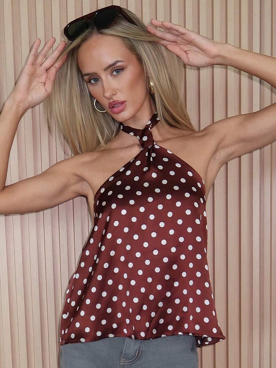 Brooke Lily 夏季女款棕色派對時尚掛脖綁帶波點印花上衣 巧克力棕波點上衣 度假女裝掛脖上衣 - 咖啡棕 - 查看 1