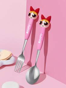 THE POWERPUFF GIRLS X SHEIN 可愛卡通愛心造型銀色 2 件組餐叉匙套組 餐具 情人節 - 粉色 - 查看 2