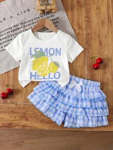 Emery Rose Kids Emery Rose Kids 少女圓領字母檸檬印花短袖T恤與格紋分層短褲休閒日常套裝 - 藍色 - 查看 2