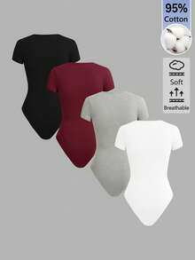 SHEIN BASICS 4件套女士休闲纯色短袖修身连体衣，夏季日常通勤百搭 - 彩色 - 查看 2