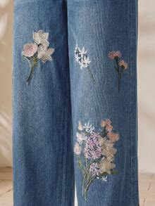 Anewsta Celana Jeans Denim Biru Muda Wanita Musim Semi, Bordir Bunga Baru, Denim Cuci, Serbaguna, Kasual, untuk Perjalanan, Potongan Lurus - Medium Wash - View 3