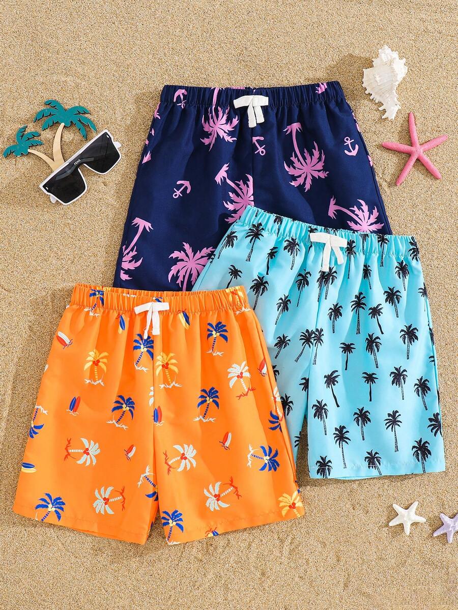 SHEIN 3pcs Kids Tween Boy Casual Sports Versatile Comfortable Coconut Tree Multi-Color Combination Print Pattern Loose Woven Swim Shorts Beach Shorts Multi-Pack 3 Styles 1 Each 3-Piece Set Suitable For Commuting School Daily Casual Vacation Travel Sports Spring Summer - Multicolor - View 1