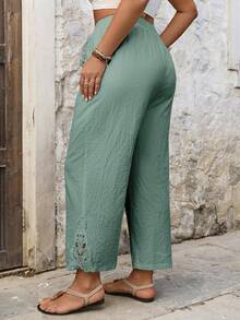 Linhara CURVE Quần dài size lớn phong cách thường ngày phối patchwork thêu ren vân nổi thắt dây - Xám - Xem 2