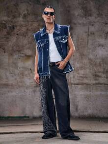 Skyrend Herren gewaschene vintage verwaschene Jeansweste, marineblau gefranste Jeansweste - Blau - Übersicht 3