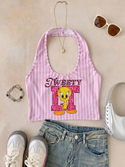 LOONEY TUNES X SHEIN Top casual versátil de cuello halter con estampado de letras y dibujos animados a rayas para mujer