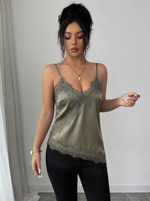 Rafferiza 女款優雅性感法式蕾絲時尚細肩帶背心上衣，適合夜晚外出與約會之夜，鼠尾草綠，夏季款 - 軍綠色 - 查看 4