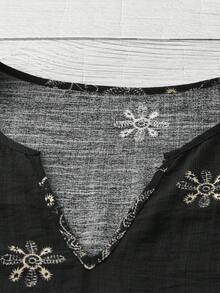 Linhara 大尺碼女款春夏植物印花休閒襯衫，夏季度假亞麻波希米亞風 - 黑色 - 查看 4