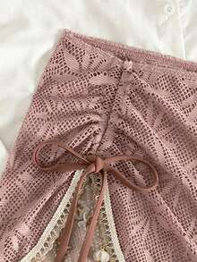 Swim Lushoire Women's Summer Beach Vacation Drawstring Ruched Starfish Shell Tassel Solid Color Special Texture Fabric Split Hem Skirt - Pink - View 5