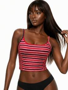 Rest Era Fashionable Slim-Fit Red Striped Knit Camisole Top, Spring/Summer - Red - View 1