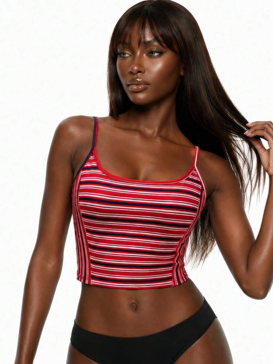 Rest Era Fashionable Slim-Fit Red Striped Knit Camisole Top, Spring/Summer - Red - View 1